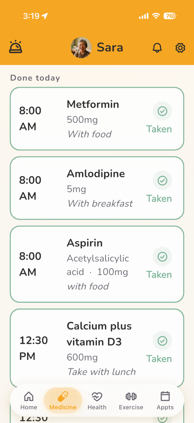 The Nuri medicine list on an iPhone, one large row per dose showing the time, the medicine, the instruction and whether it has been taken.